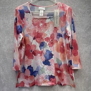 Alfred Dunner Floral Print Rhinestone Blouse Women S Lace Panel